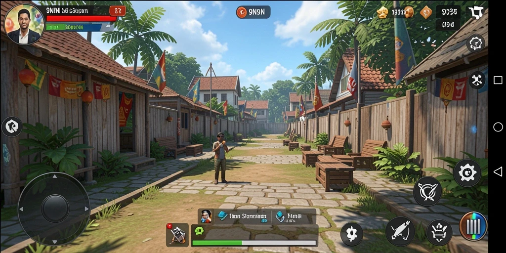 Tampilan gameplay 9N9N dengan interaksi karakter dan dekorasi rumah.