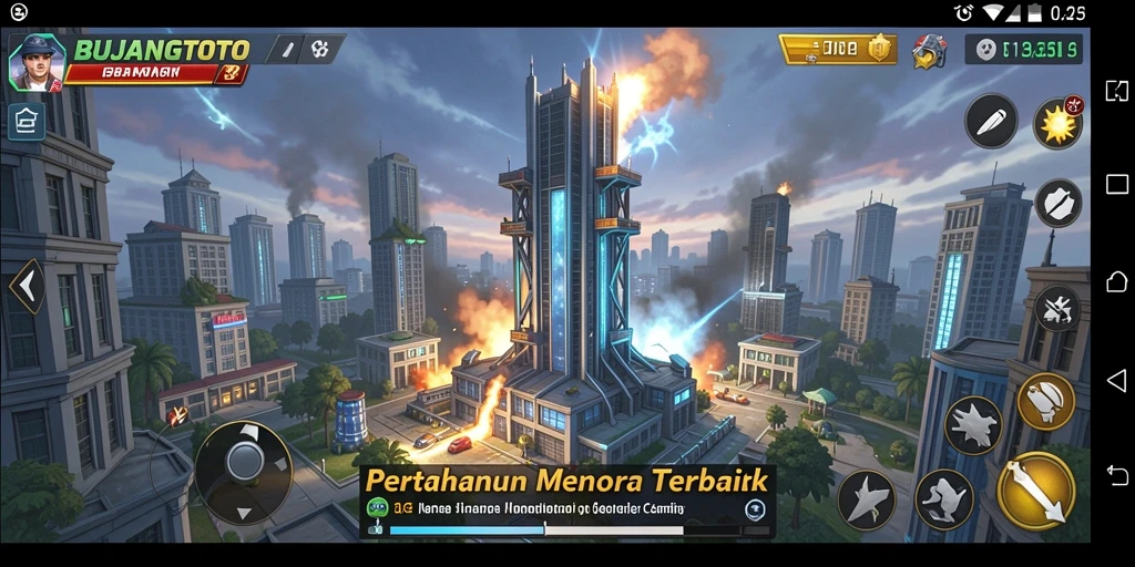 Screenshot gameplay BUJANGTOTO menampilkan pertempuran menara yang epik.