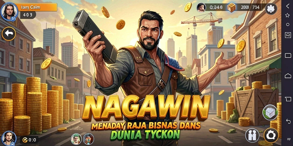 Tampilan gameplay NAGAWIN yang menampilkan pengelolaan bisnis.