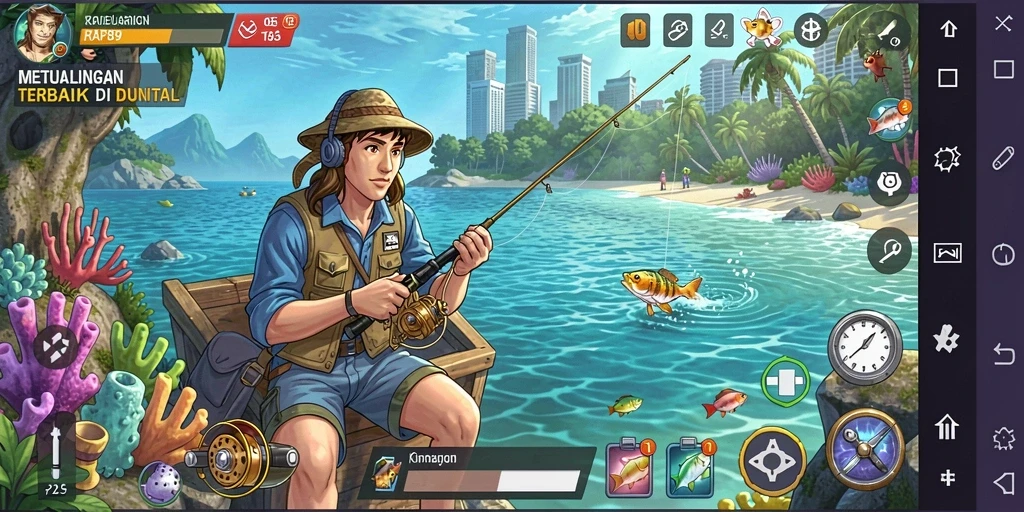 Gameplay seru dalam RAP89, menangkap ikan di lokasi indah.