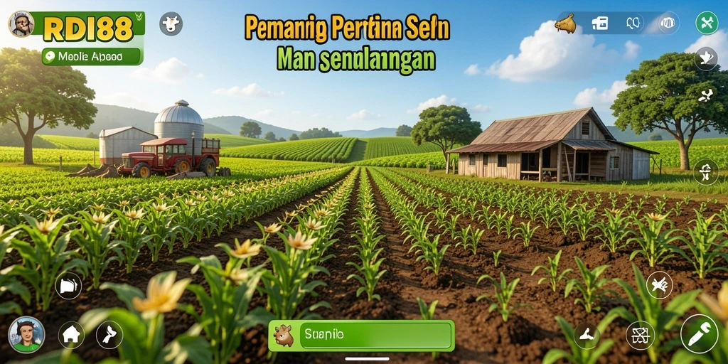 Tampilan gameplay RDI88 yang menunjukkan ladang hijau dan hewan ternak.
