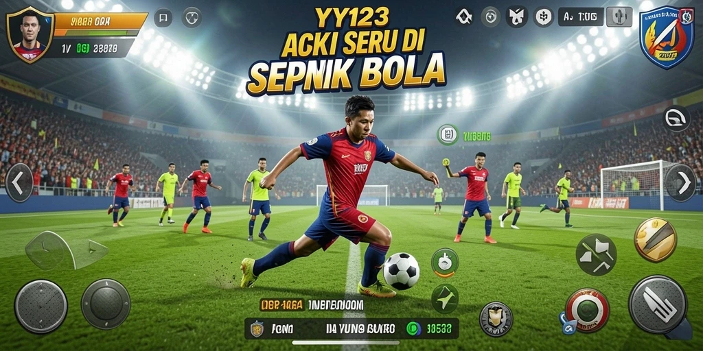 Tangkapan layar gameplay YY123 dengan aksi seru di lapangan sepak bola.